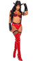 Playboy Buckaroo Cowgirl costume set includes vinyl bra top with mesh cups featuring flocked Playboy Bunny logo, strappy accents, adjustable straps and hook and eye closure. Vinyl cropped vest with fringe detail and matching fingerless gloves also included. High waisted vinyl shorts, adjustable belt with oversized buckle, and cowboy cat with Playboy Bunny logo also included. Six piece set.