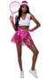 Tennis Court Hottie Costume includes sleeveless crop top with V neck and tennis racket logo with matching high waisted shorts. Clear vinyl mini skirt, matching visor and sweatbands also included. Five Piece set.