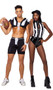 Racy Referee costume includes sleeveless vinyl bodysuit with striped front, mock neck and front zipper closure. Whistle also included. Two piece set.