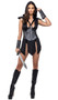Dungeon Mistress costume includes sleeveless dress featuring a slit panel skirt, an attached studded harness over plunging neckline, shoulder pads and hood. Matching chainmail inspired waist cincher corset with front hook closure and lace up back also included. Mini shorts also included with cheeky back also included. Three piece set.