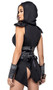 Dungeon Mistress costume includes sleeveless dress featuring a slit panel skirt, an attached studded harness over plunging neckline, shoulder pads and hood. Matching chainmail inspired waist cincher corset with front hook closure and lace up back also included. Mini shorts also included with cheeky back also included. Three piece set.