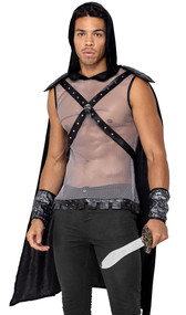 Dark Realm Warrior costume includes long hooded cape with attached studded harness, skull detail, and armor shoulder pads. Chainmail inspired sheer sleeveless shirt with castle themed trim also included. Matching wrist cuffs also included. Three piece set.  Sword and pants not included.