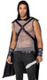 Dark Realm Warrior costume includes long hooded cape with attached studded harness, skull detail, and armor shoulder pads. Chainmail inspired sheer sleeveless shirt with castle themed trim also included. Matching wrist cuffs also included. Three piece set.  Sword and pants not included.