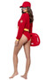 Beach Patrol Babe costume includes sleeveless swimsuit look bodysuit with Lifeguard patch, contrast trim, U shaped neckline, and high cut leg. Matching cropped jacket with short sleeves and zipper closure also included. Two piece set.
