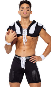 Touchdown Hunk costume includes studded faux shoulder pads with lace up front closure, matching football shorts with striped waistband and padding, and wrist sweatbands. Three piece set.
