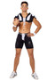 Touchdown Hunk costume includes studded faux shoulder pads with lace up front closure, matching football shorts with striped waistband and padding, and wrist sweatbands. Three piece set.