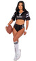 Playboy Football Sport costume includes cropped jersey style top with V neck, Playboy print and bunny ears logo, 53 numbered back, and striped short sleeves. Matching booty shorts with football uniform inspired lace up front and wrist sweatbands also included. Three piece set.