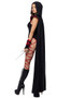 Dragonfire Ninja costume includes hooded bodysuit with dragon design over a keyhole neck, contrast red trim, attached long cape and attached leg wraps that tie. One piece set.