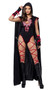 Dragonfire Ninja costume includes hooded bodysuit with dragon design over a keyhole neck, contrast red trim, attached long cape and attached leg wraps that tie. One piece set.