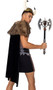 Valiant Viking Warrior deluxe costume set includes mid length cape with faux fur shoulders and attached harness, faux leather panel skirt with slits, belt, and chainmail inspired sleeveless sheer shirt. Four piece set.