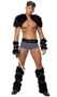 Viking Hunk costume includes chain harness with O ring and attached faux fur shoulder pads, shorts with chainmail inspired fishnet overlay skirt, belt, and matching crown style headpiece. Four piece set.
