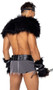 Viking Hunk costume includes chain harness with O ring and attached faux fur shoulder pads, shorts with chainmail inspired fishnet overlay skirt, belt, and matching crown style headpiece. Four piece set.