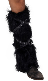 Faux fur leg warmers with armor inspired straps that wrap around and tie. Pair.