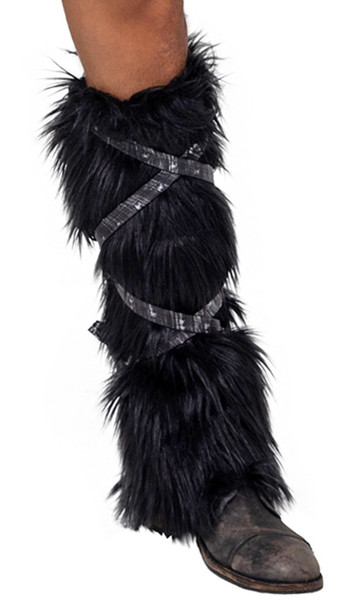 Faux fur boot covers with armor inspired straps that wrap around and tie. Each cover has an elastic top to help hold in place. Pair.