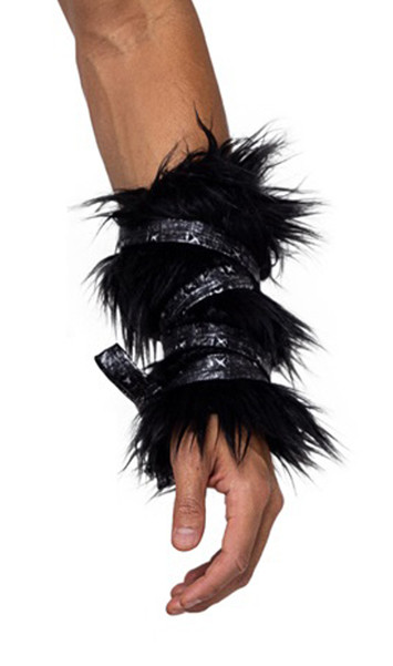Faux fur arm cuffs with attached armor inspired straps that wrap around and tie. Pair.