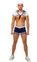 Sailor Stud costume included short sleeve shrug crop top with collar bib and flap, and wing patch detail. Matching shorts with striped legs and faux button accents also included. Sailor hat with anchor detail also included. Three piece set.