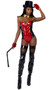 Star Studded Ringleader costume includes sleeveless vinyl bodysuit with clear shoulder straps, gold button and chain detail, and zipper back closure. Shoulder harness with chain fringe epaulettes and attached bow tie also included. Velour top hat and whip also included. Four piece set.