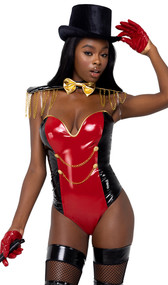 Star Studded Ringleader costume includes sleeveless vinyl bodysuit with clear shoulder straps, gold button and chain detail, and zipper back closure. Shoulder harness with chain fringe epaulettes and attached bow tie also included. Velour top hat and whip also included. Four piece set.