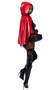 Enchanted Forest Minx costume includes vinyl and lace corset top with front hook closure, vinyl hooded mid length cape with tie closure and wolf charm, and mini booty shorts. Three piece set.