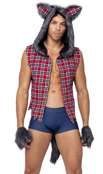 Full Moon Werewolf costume set includes plaid shirt with cut off sleeves, attached hood with faux fur trim and wolf ears, ragged trim and button front closure. Denim look shorts feature an attached faux fur tail. Matching paw look gloves are also included. Three piece set.