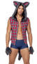 Full Moon Werewolf costume set includes plaid shirt with cut off sleeves, attached hood with faux fur trim and wolf ears, ragged trim and button front closure. Denim look shorts feature an attached faux fur tail. Matching paw look gloves are also included. Three piece set.