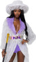 High Roller Lady Pimp costume includes full length long sleeve faux fur fur coat with metallic tinsel accents, contrast collar, and plunging V neckline. Matching oversized hat, iridescent vinyl belt, and mini shorts also included. Four piece set.