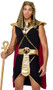 Mighty Pharaoh costume includes armor style collar with hieroglyphic print, faux jewels, chain accent and attached mid length cape. Matching panel belt and striped headpiece also included. Sleeveless shirt and matching skirt also included. Five piece set.
