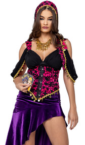 Deadly Gypsy Fortune Teller costume includes corset top with draped cold shoulder sleeves, coin trim, wide shoulder straps, hook front and lace up back. Matching headscarf and long velvet asymmetrical high-low skirt also included. Three piece set.