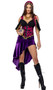 Deadly Gypsy Fortune Teller costume includes corset top with draped cold shoulder sleeves, coin trim, wide shoulder straps, hook front and lace up back. Matching headscarf and long velvet asymmetrical high-low skirt also included. Three piece set.