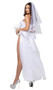 Blushing Bride costume includes sleeveless satin and lace bodysuit with underwire V cups, scalloped trim, adjustable shoulder straps, and attached open front skirt with oversized bow. Sheer mid-length veil and ruffled leg garter also included. Three piece set.