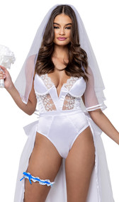 Blushing Bride costume includes sleeveless satin and lace bodysuit with underwire V cups, scalloped trim, adjustable shoulder straps, and attached open front skirt with oversized bow. Sheer mid-length veil and ruffled leg garter also included. Three piece set.