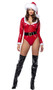 Santa Baby costume includes vinyl wet look bodysuit with long sleeves, square neckline and faux fur trim. Oversized Santa style belt with buckle also included. Two piece.