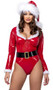 Santa Baby costume includes vinyl wet look bodysuit with long sleeves, square neckline and faux fur trim. Oversized Santa style belt with buckle also included. Two piece.