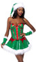 Santa's Elf costume includes strapless vinyl corset top with jingle bell accents, front hook closure and contrast red trim. Matching flared mini skirt with faux fur trim also included. Two piece set.
