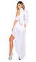 Angel Goddess costume includes sequin romper with metallic trim, draped cold shoulder mesh sleeves, V neckline with criss cross detail, and attached flowing high low asymmetrical skirt. One piece set.