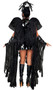 Angel of Darkness costume includes sleeveless vinyl dress with distressed lace detail, built on wings, plunging V neckline and back zipper closure. Matching fingerless gloves, belt and headpiece also included. Four piece set.