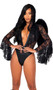 Dark Angel Lust costume includes sheer floral lace bodysuit with attached hood, deep plunging neckline, long flared sleeves, and solid wet look bottom. One piece set.