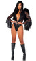 Dark Angel Lust costume includes sheer floral lace bodysuit with attached hood, deep plunging neckline, long flared sleeves, and solid wet look bottom. One piece set.