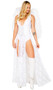 Heavens Angel costume includes sleeveless vinyl bodysuit with plunging V neckline and attached sheer floral lace overdress with slit panel front. Lace up waist cincher also included. Two piece set.