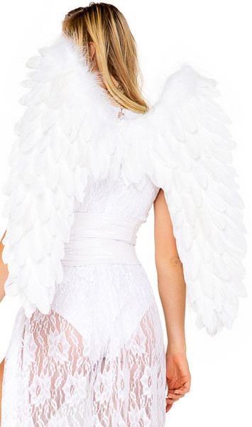 Large feathered wings with elastic shoulder straps and soft marabou trim.