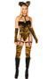Tigress Temptation costume includes sleeveless bodysuit with faux fur trim, matching cat ears, fingerless gloves, and thigh high leg warmers. Studded vinyl garter belt with O rings and matching collar with leash also included. Six piece set.