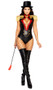 Beauty Ringmaster costume includes sleeveless sequin and wet look bodysuit with lace up detail over a sexy front cut out, high collar velvet neckline with gold embroidery detail, metallic shoulder pads with fringe, faux button and chain accents, and back zipper closure. Velvet top hat also included. Two piece set.