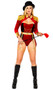 Big Top Mistress costume includes sleeveless velvet bodysuit with chain accent and long sleeve jacket with fringe shoulder pad epaulettes, metallic bowtie and cuffs, and long coattails. Metallic garter belt with adjustable belt closure and velvet top hat also included. Four piece set.