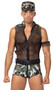 Sergeant Stud Army costume includes sleeveless camouflage bodysuit with sheer fishnet midsection, mock neck and full zipper front closure. Utility style belt with parachute buckle and arm cuff with plastic bullets also included. Three piece set.