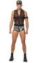 Sergeant Stud Army costume includes sleeveless camouflage bodysuit with sheer fishnet midsection, mock neck and full zipper front closure. Utility style belt with parachute buckle and arm cuff with plastic bullets also included. Three piece set.