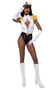 Nautical Sailor Captain costume includes sleeveless bodysuit with lace up front over a sexy cut out detail, fringe shoulder pad epaulettes, collar neckline and faux gold button accents. Sailor captain hat and belt with buckle also included. Three piece set.