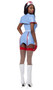 Retro Nurse costume set includes sleeveless vinyl mini dress with contrast red trim, and garter clips. Matching bolero shrug jacket with collar and short sleeves also included. Matching apron with ruffle trim and medical cross detail also included. Matching retro style headpiece also included. Four piece set.
