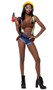 Work It Construction Hottie costume includes bra top with pocket slots for select plastic tools, adjustable straps and back closure. Denim look shorts with detachable safety striped suspenders, tool belt with pouches and hard hat helmet also included. Four piece set.