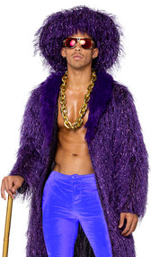 High Roller Pimp costume includes full length long sleeve faux fur fur coat with metallic tinsel accents. Matching oversized hat also included. Two piece set.