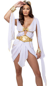 Sultry Goddess costume includes sleeveless faux dress bodysuit with bult in bra featuring adjustable shoulder straps and back hook and eye closure, plunging V neckline, long flowing sleeves with attached wrist cuffs, and draped skirt with front slits and ruched back. Oversized belt with chain accents and Pegasus design also included. Laurel leaf crown headpiece also included. Three piece set.